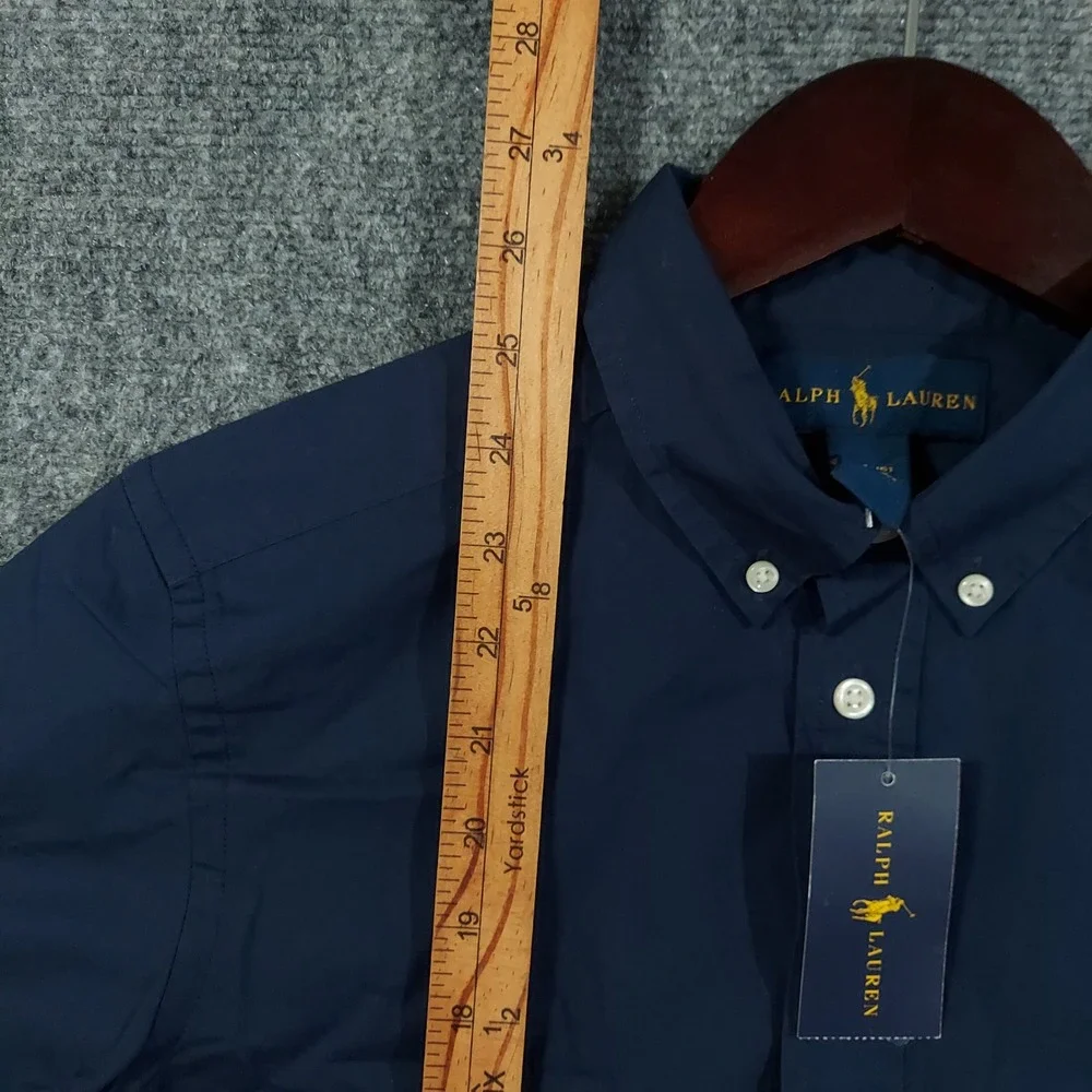 Ralph Lauren Button Down Shirt Boys L 14-16 Navy Blue Short Sleeve Cotton Pony